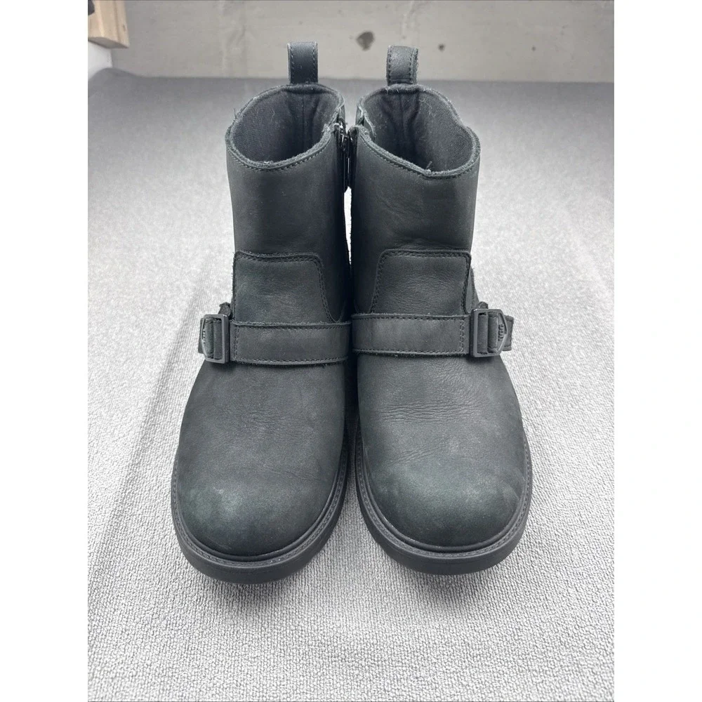 UGG Saoirse Black Leather Waterproof Moto Boots Buckle Details Women's‎ Size 6